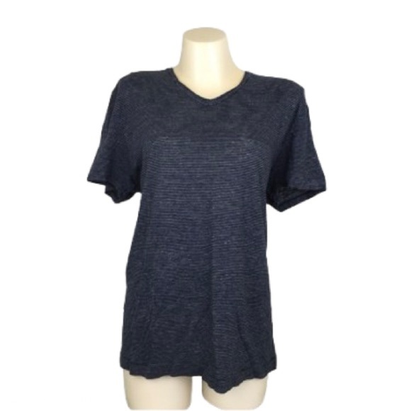 Vince Women’s Short Sleeve Linen Stripe Tee V-Neck T-Shirt Size XL Blue Gray - Picture 1 of 9